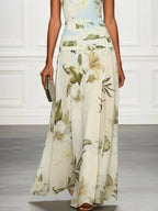 V-neck Retro Floral Print Sleeveless Backless Fitted Waist Long Dress