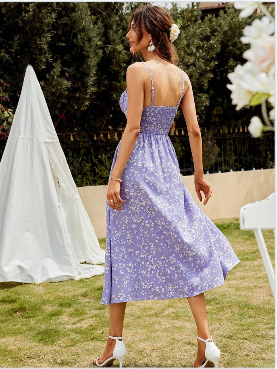 V-neck Bandage Camisoles Floral Slit Vacation And Leisure Maxi Dresses