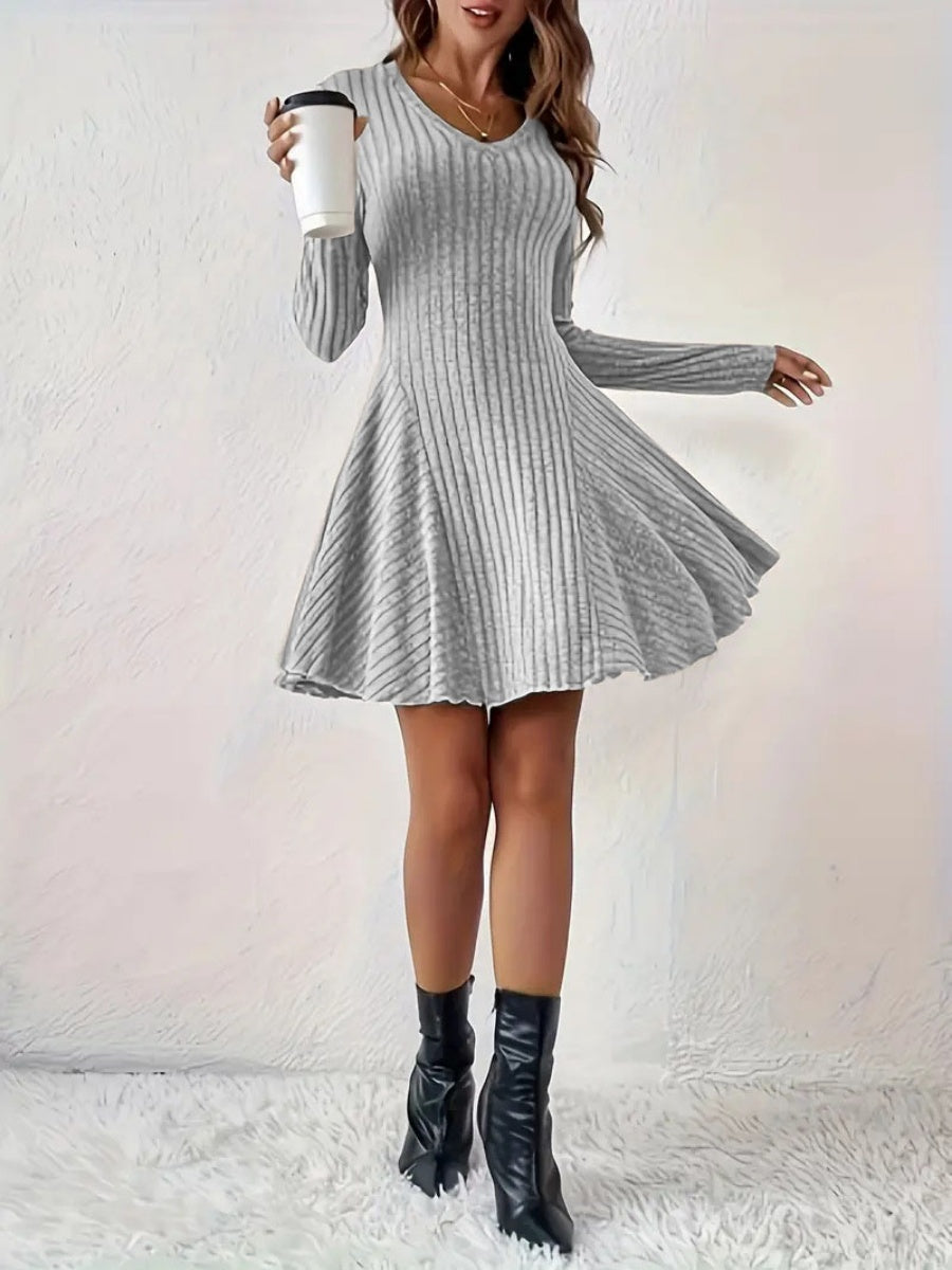 Pit Strip Knitting V-neck Long Sleeve Long Skirt Mini&Short Dresses