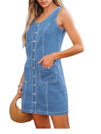 Sleeveless, Fitted Denim Button-down Short Dress With Patch Pockets