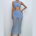 Crewneck sleeveless ruched mesh crop maxi skirt set  | Festival Outfits Women
