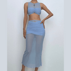 Crewneck sleeveless ruched mesh crop maxi skirt set  | Festival Outfits Women