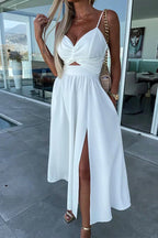 V Neck Backless Twist Front Cut Out Slit Cami Party Dress