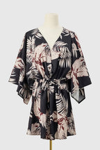 Deep V Neck Button Front Kimono Sleeve Drawstring Botanical Print Mini Dress