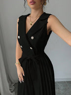 Commuting Suit Collar Pleated Pants Double-breasted Jumpsuits