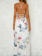 High-slit V-neck Floral Print Suspender Maxi Dress