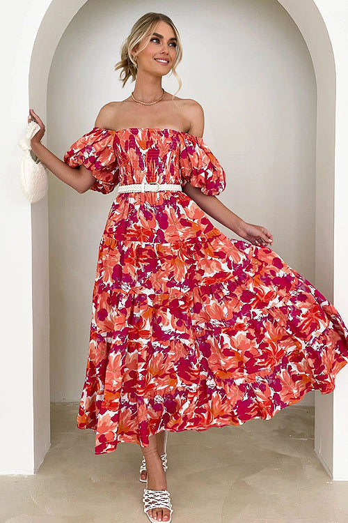 Off Shoulder Smocked Tiered Abstract Circle Print Maxi Dress