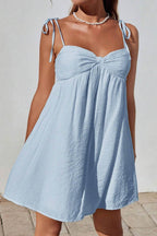 Tie Shoulder Sweetheart Gathered Bust Knot Detail Empire Waist Babydoll Mini Dress