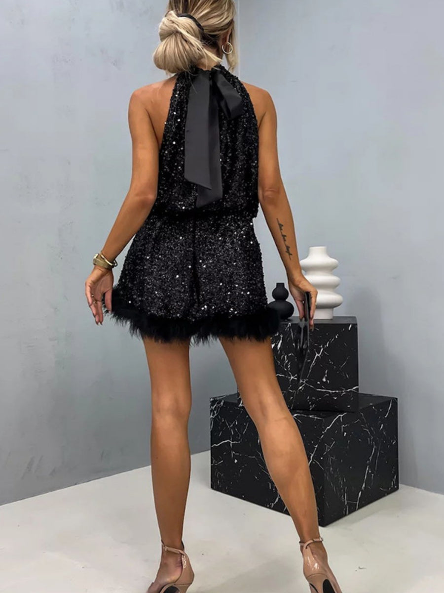 Sequins Feather Halter Lace Up Two-way Parties Mini&Short Dresses