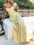 Lace-up A-line Solid Color Suspender Long Dress
