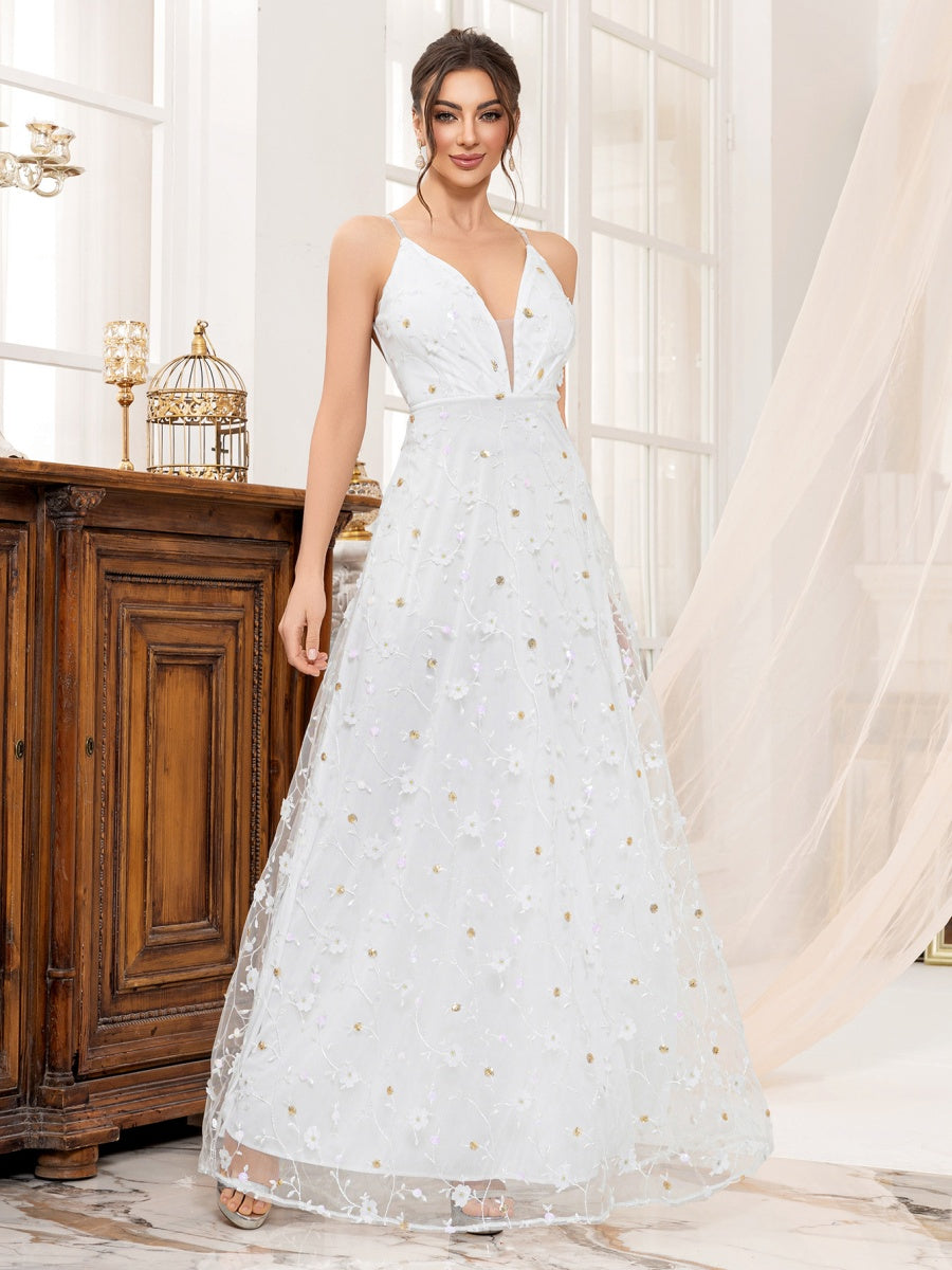 Deep V-neck Wedding Dress Applique Multi-story Maxi Dresses