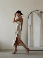 Sexy Backless Slit Halter Midi Dress