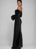 Lace Hollow Off Shoulder Flared Sleeves Hip-hugging Maxi Dresses