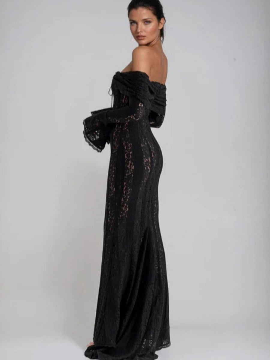 Lace Hollow Off Shoulder Flared Sleeves Hip-hugging Maxi Dresses