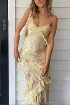 Spaghetti Strap Backless Ruffle Trim Printed Maxi Dress