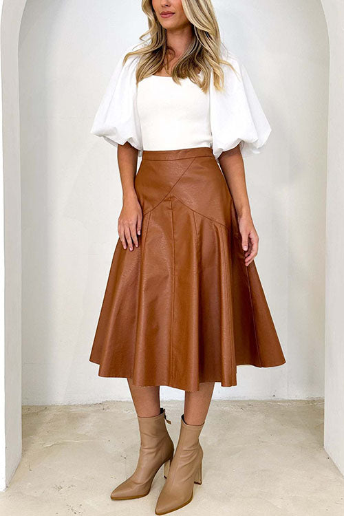 High Waist Faux Leather A-line Flare Midi Skirt