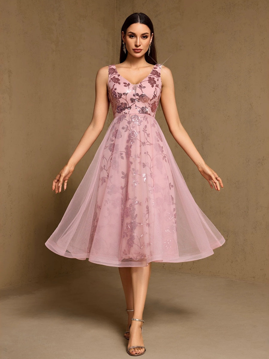 Embroidery Sequins Mesh Sweet Reunion Midi Dresses