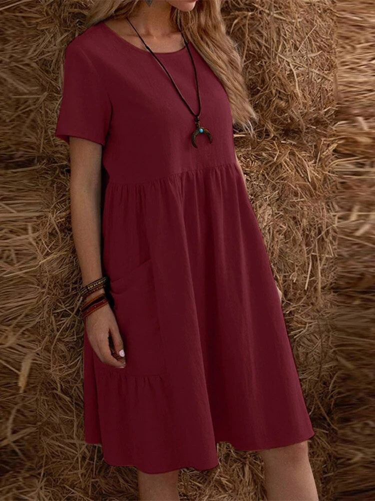 Retro Loose-fitting Pocket Solid Color Round Neck Cotton Linen Short Dress
