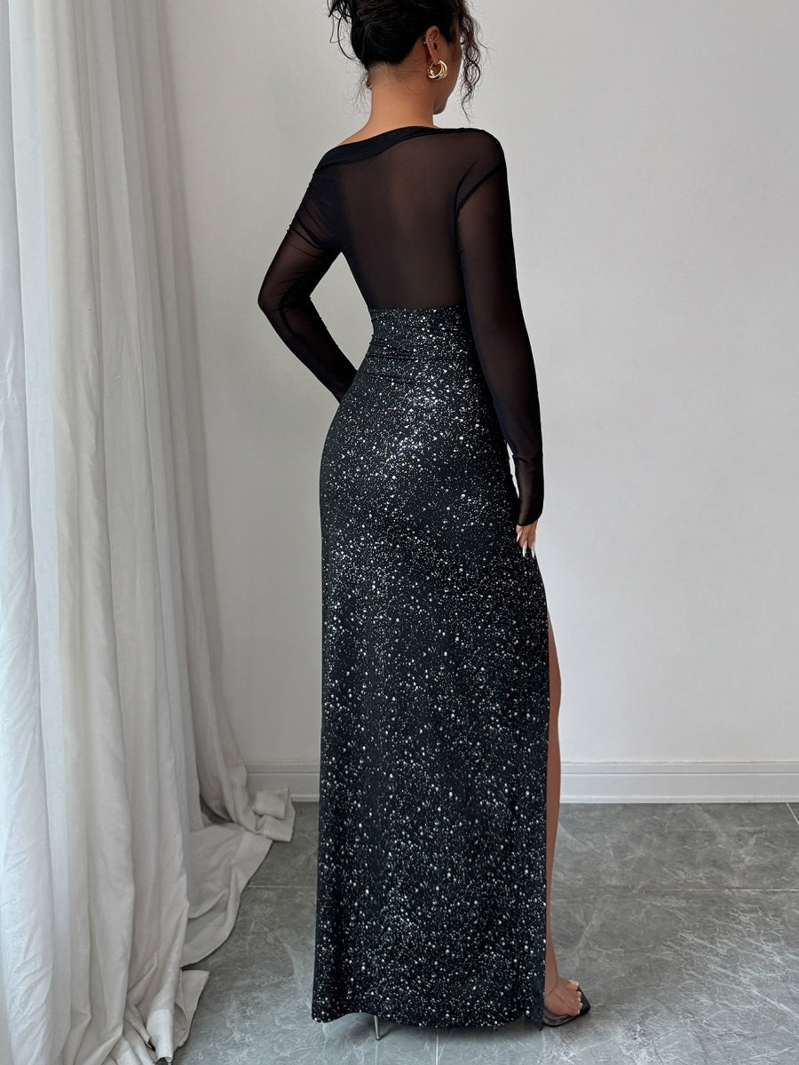 Sequins Sloping Shoulders Slit Sexy Formal Dress Maxi Dresses