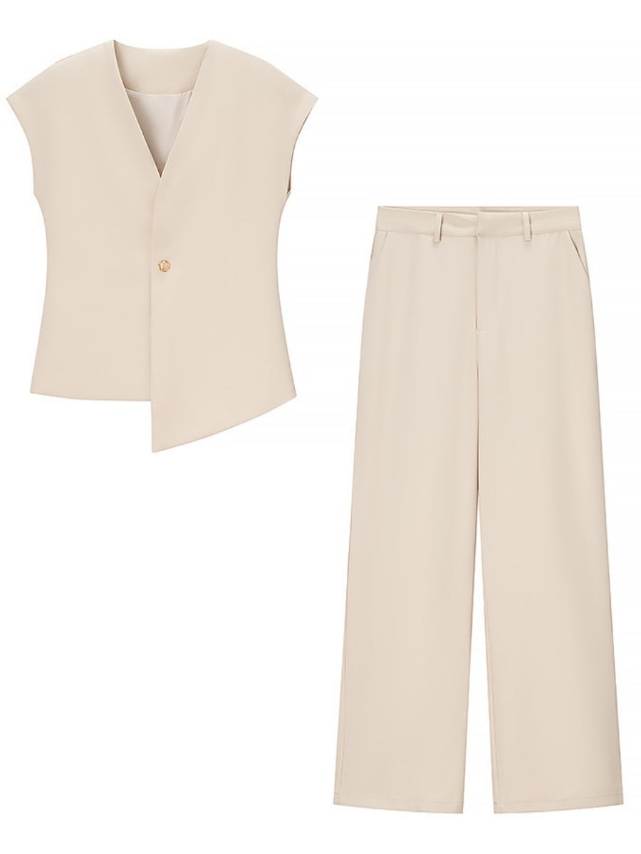 V-neck Buttons Jacket Wide-leg Pants Set Commuting 2-piece Sets