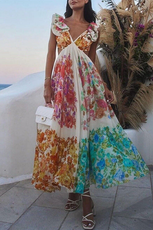 V Neck Open Back Ruffle Trim Color Block Floral Maxi Holiday Dress