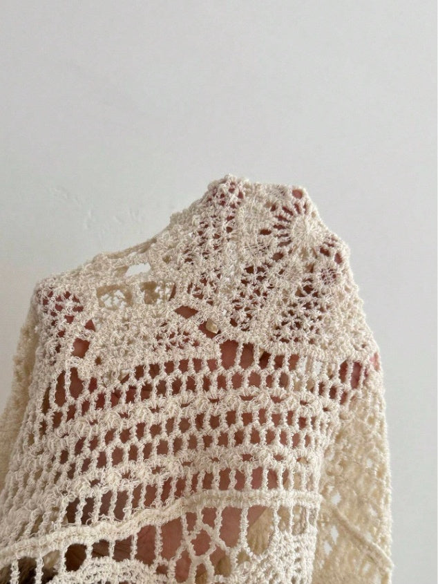 Crocheted Openwork Knit See-through Top, Solid Color Beach Bikini Cover-up