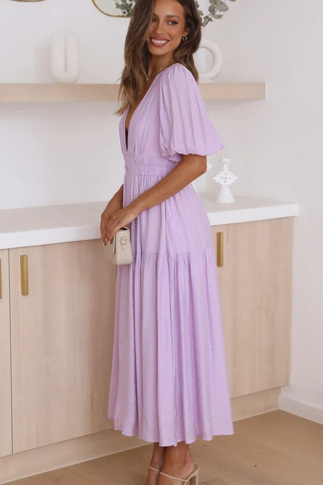 Deep V-Neck Smocked Waist Puff Sleeve Tiered Midi Dress