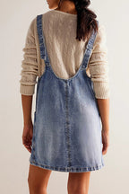 Deep V-Neck Patch Pocket Denim Pinafore Shift Mini Dress