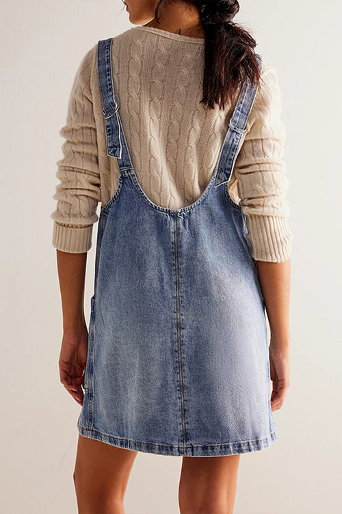 Deep V-Neck Patch Pocket Denim Pinafore Shift Mini Dress