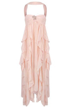 Sleeveless Open Back Ruffle Trim Slit Maxi Dress