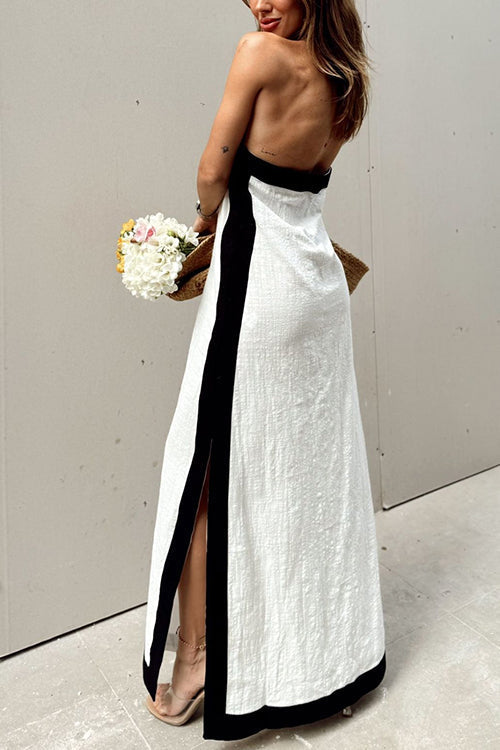 Halter Backless Side Split Color Block Cotton Linen Maxi Dress