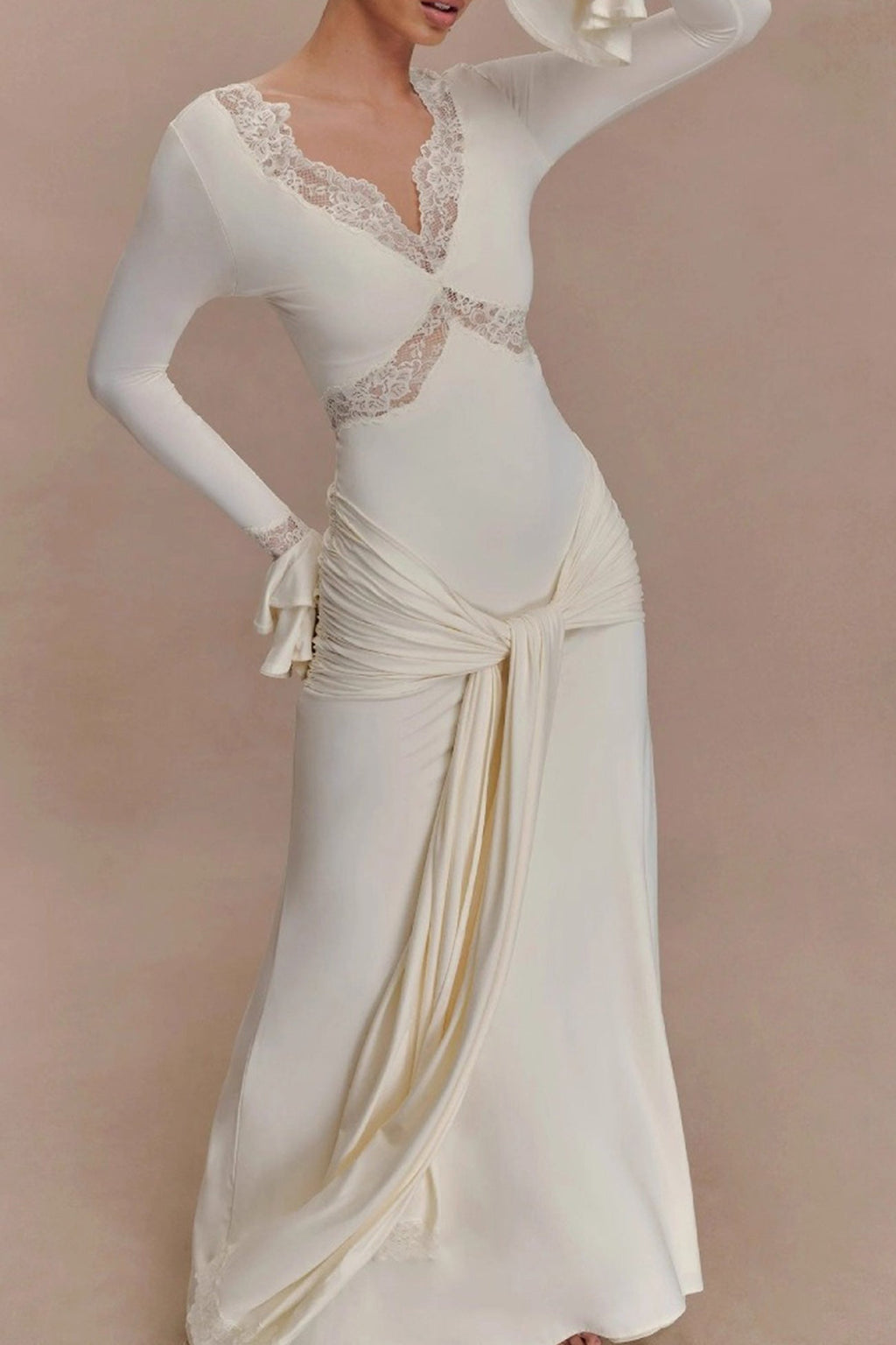 Lace Trim Deep V-Neck Ruffle Cuff Side Tie Long Sleeve Maxi Dress