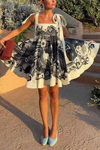 Bow Shoulder Sleeveless High Waist Floral Print Mini Dress