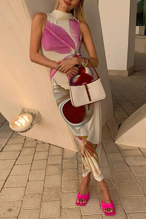 Mockneck Sleeveless Back Slit Floral Print Maxi Dress