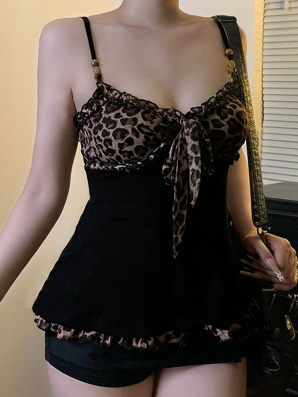 Black Leopard Print Color-blocked Mesh A-line Camisole