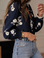 Floral Embroidery Color Block V-Neck Long-Sleeve Shirt