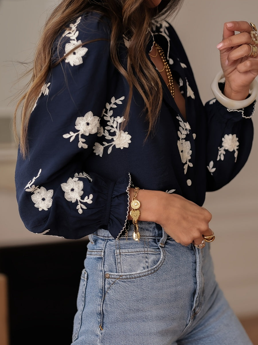 Floral Embroidery Color Block V-Neck Long-Sleeve Shirt