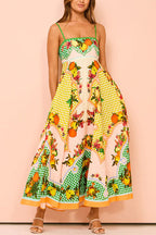 Spaghetti Strap Square Neck Botanical Fruit Print Scalloped Hem Midi Dress