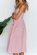 Vertical Stripe Spaghetti Strap Button Down Pocket Front Slit Midi Dress