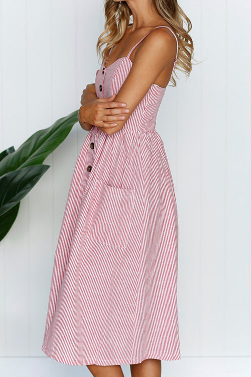 Vertical Stripe Spaghetti Strap Button Down Pocket Front Slit Midi Dress