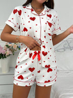 Heart-print Cardigan With Collar And Button-down Short Sleeves And Shorts, Two-piece Loungewear Set