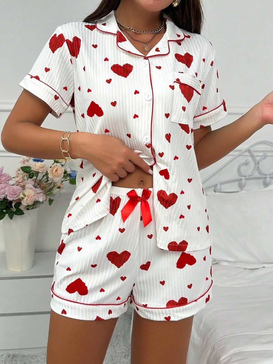 Heart-print Cardigan With Collar And Button-down Short Sleeves And Shorts, Two-piece Loungewear Set