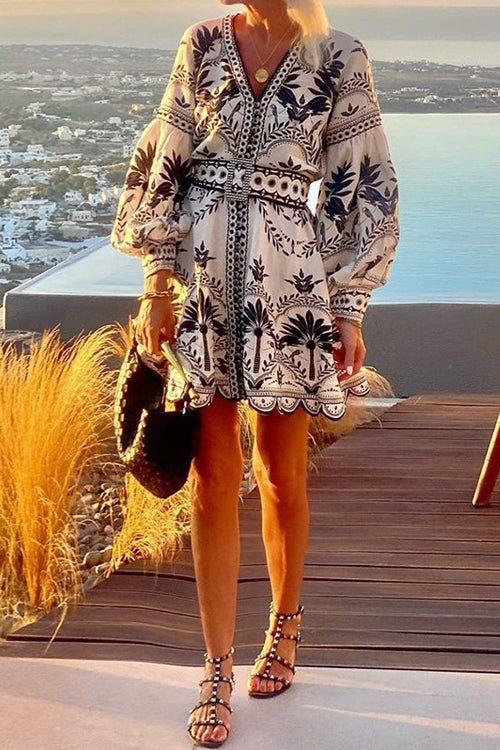 Ornamental Paisley Print Puff Sleeve V-Neck Belted Button-Front Mini Dress