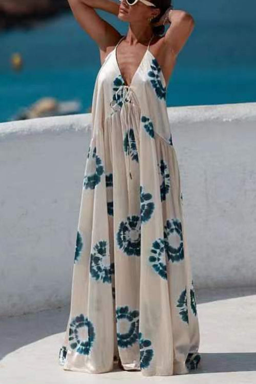 Halter V Neck Open Back Printed Swing Maxi Vacation Dress