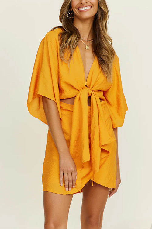 V Neck Tie Front Cut Out Tulip Mini Dress