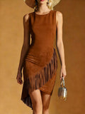 Crew Neck Sleeveless Temperament Commuting Tassel Mini&Short Dresses