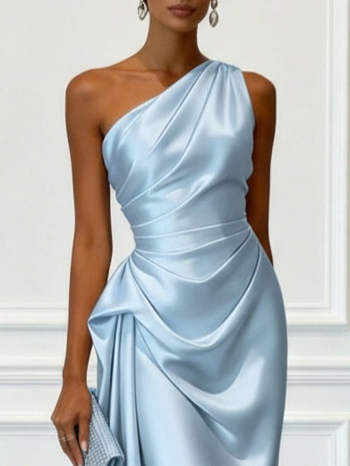 Off-the-shoulder Satin Pleated Midi Dress