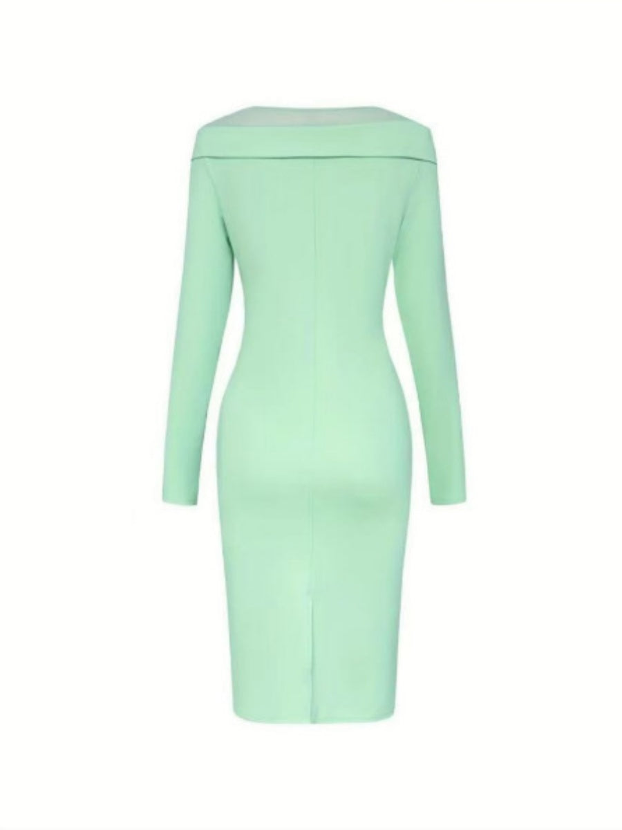Round Neck, Solid Color, Slim Fit, Mid-length Dress With Side 3D Floral Embellishments