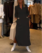 Magaly Timeless Solid Color Slit Dress with 3/4 Sleeves Premium Wardrobe Essential