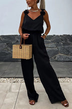 V Neck Backless Waisted Wide Leg Floral Cami Jumpsuit